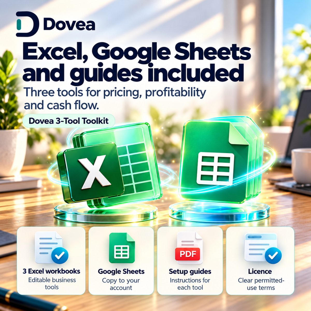 Dovea 3-Tool Toolkit includes three Excel workbooks, Google Sheets templates, setup guides and licence