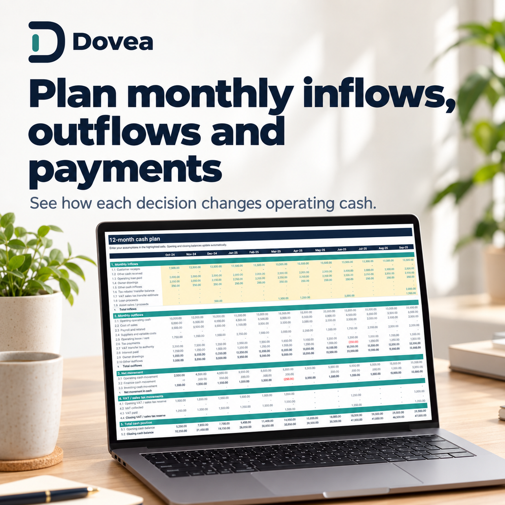 Dovea monthly cash inflow outflow and payment plan