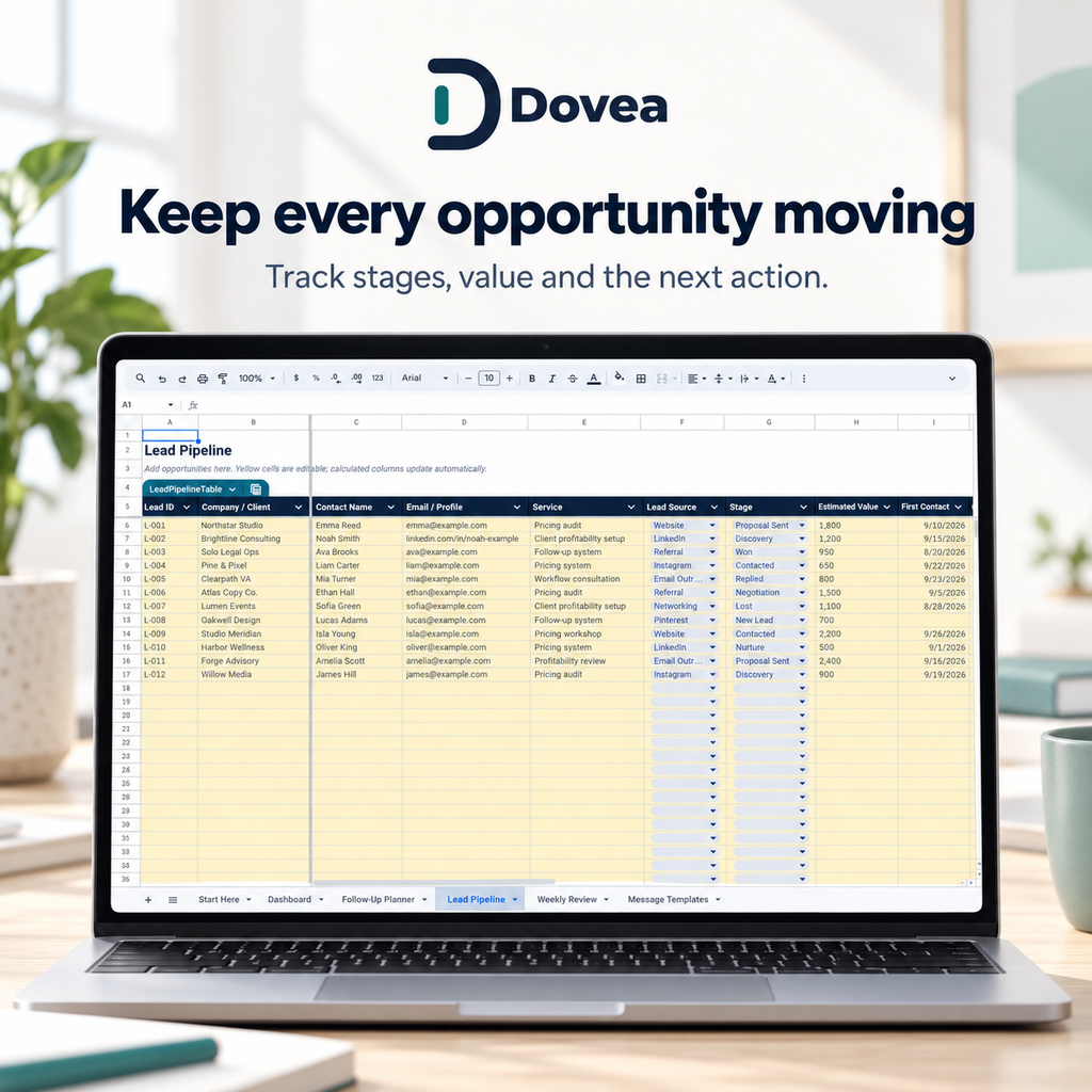 Dovea Lead Pipeline tracking opportunities, stages, values and next follow-up dates