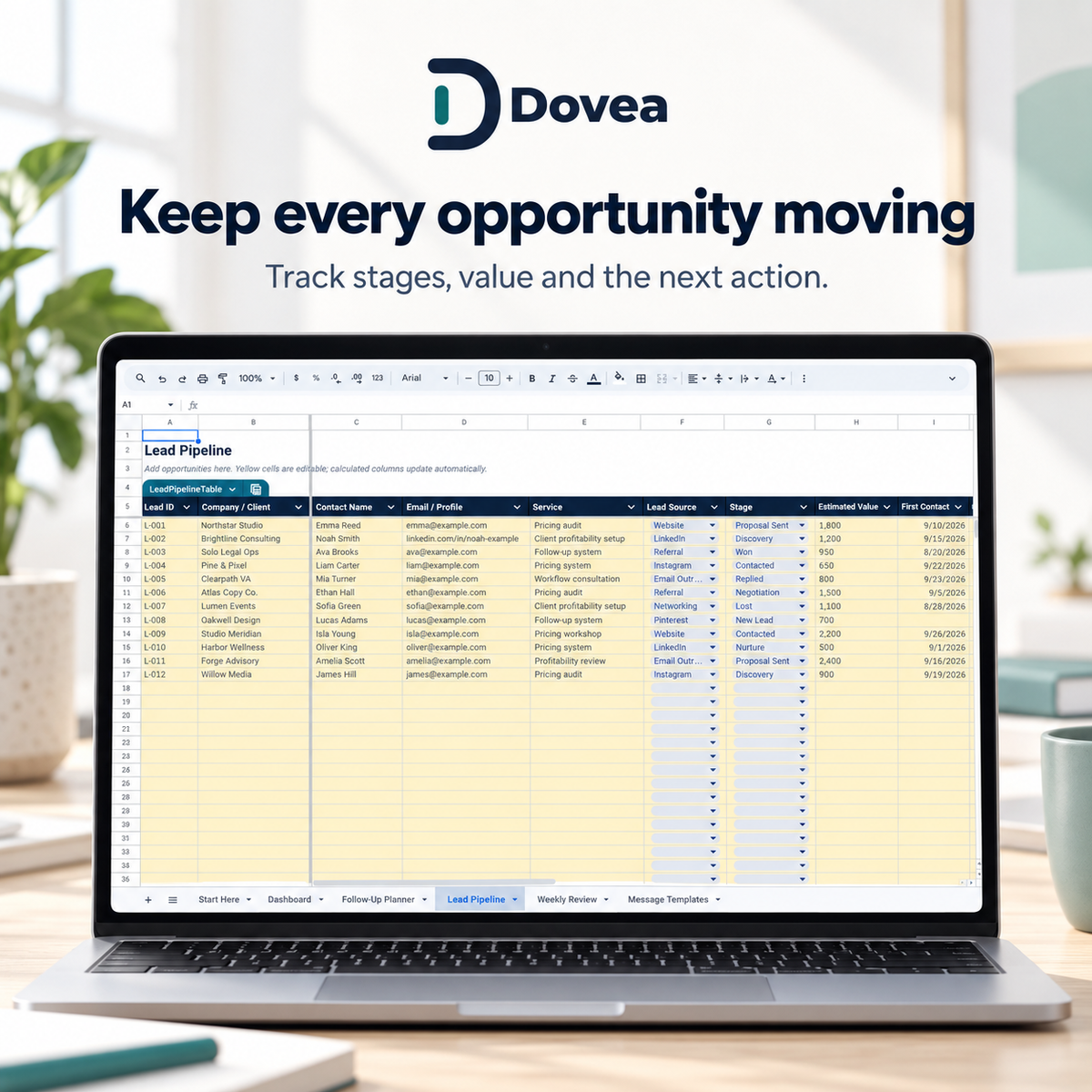 Dovea Lead Pipeline tracking opportunities, stages, values and next follow-up dates