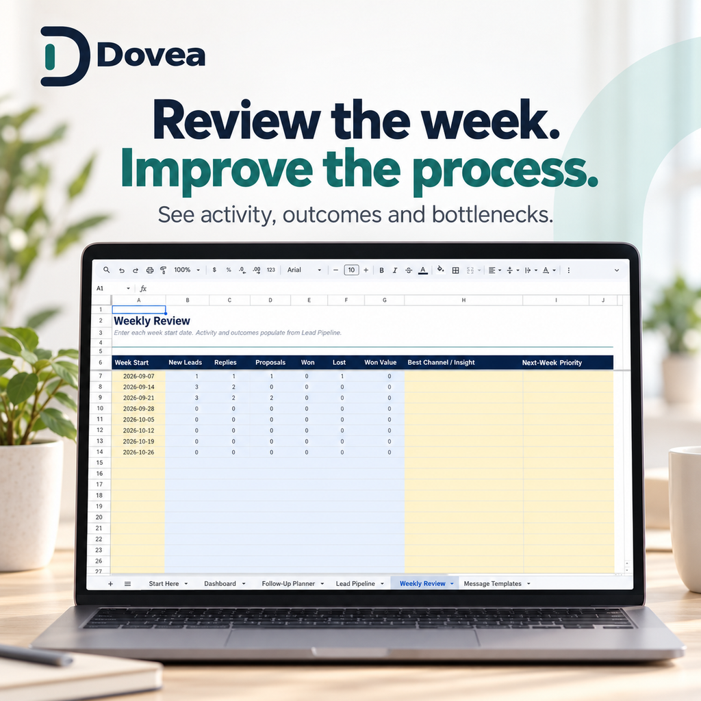Dovea Weekly Review showing lead activity, outcomes and pipeline analysis