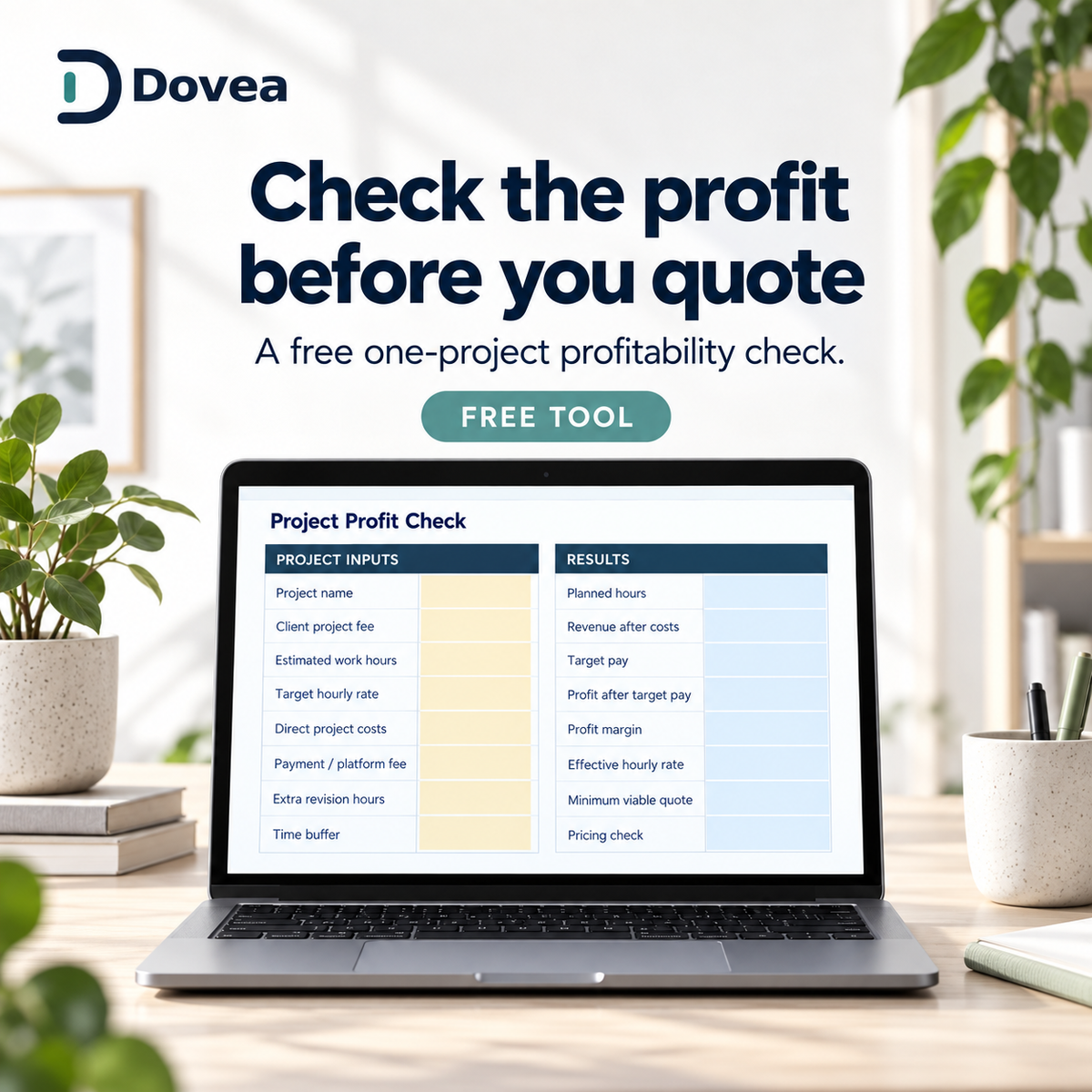 Dovea free Project Profit Check calculator on a laptop