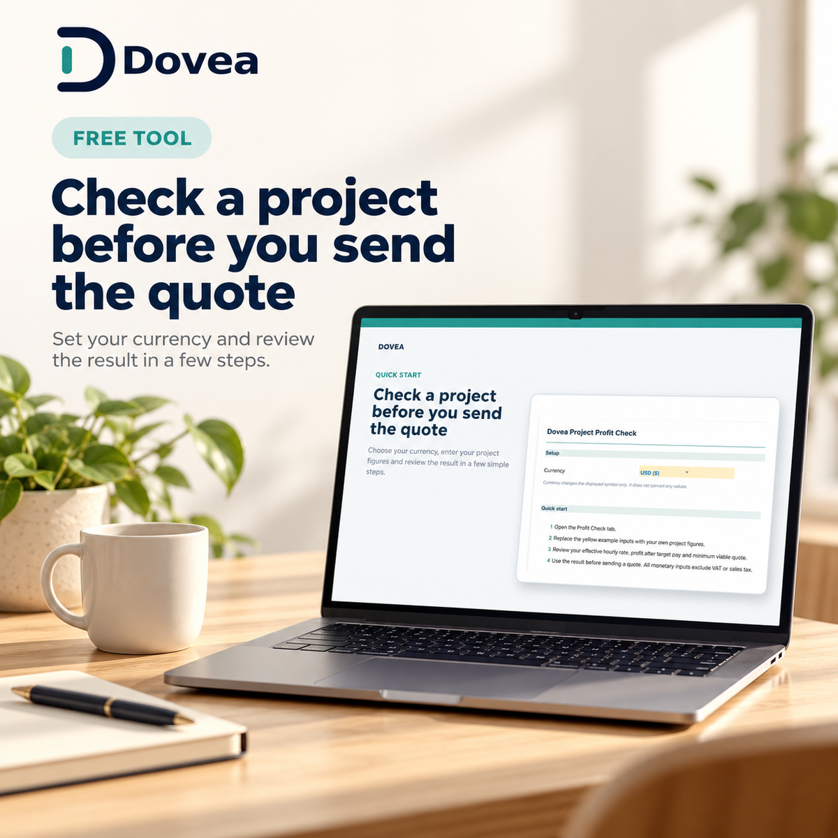 Dovea free Project Profit Check quick-start screen