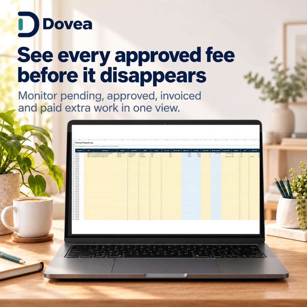 Dashboard for tracking pending approved invoiced and paid extra client work