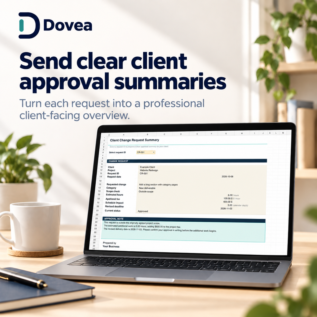 Client change request approval summary with scope fee and schedule details