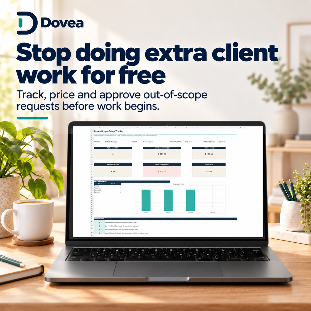 Dovea Scope Creep Tracker dashboard displayed on a laptop