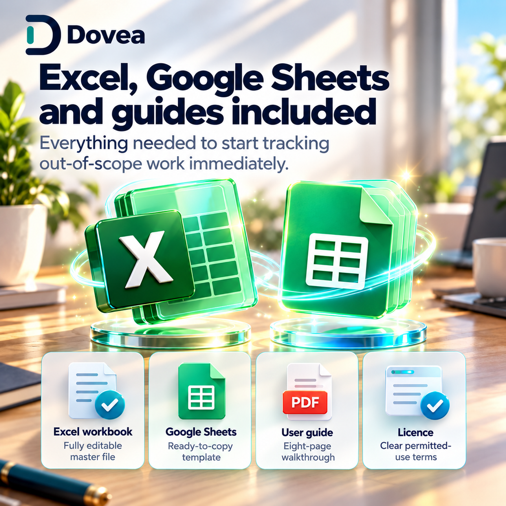 Dovea Scope Creep Tracker files including Excel Google Sheets user guide and licence