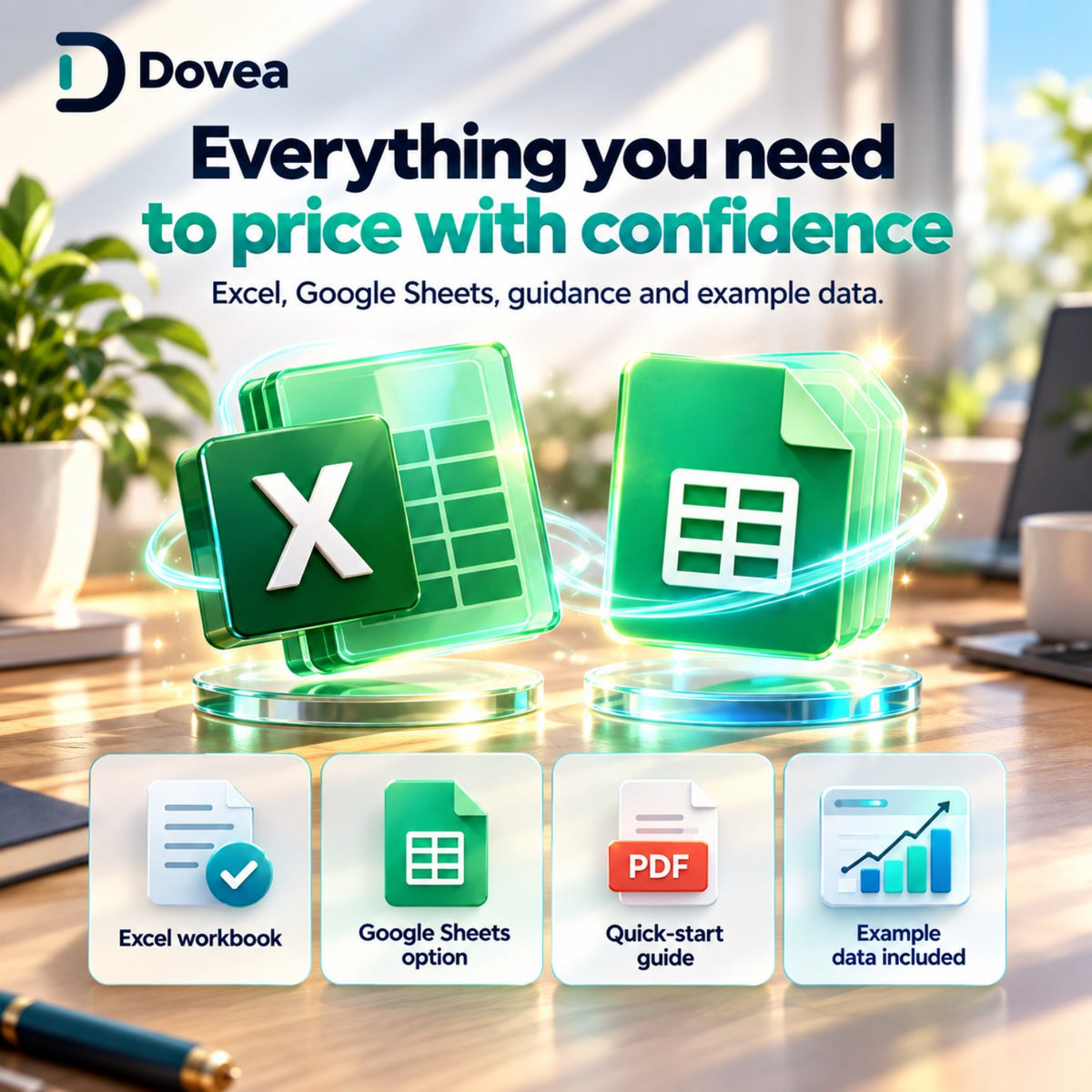 Dovea Service Pricing and Profit System includes Excel, Google Sheets, quick-start guide and example data