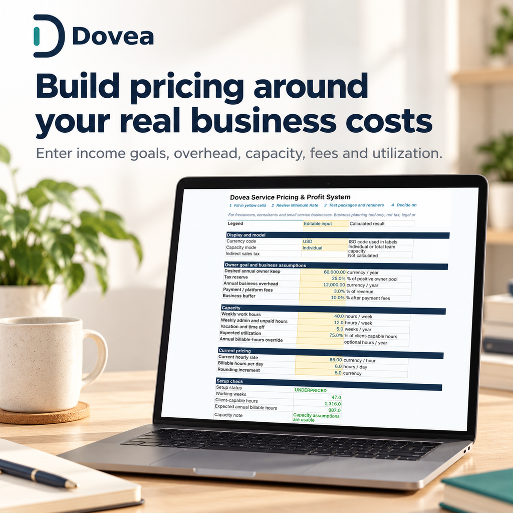 Dovea pricing setup using real business costs and capacity