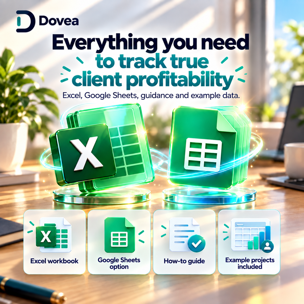 Client Profitability Tracker includes an Excel workbook, Google Sheets option, how-to guide and example projects